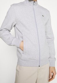 Ljusgrå zip-tröja i mjukt material. Har en hög krage, ribbade ärmslut och en liten broderad logotyp på bröstet.