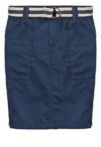 Jupe bleu marine en tissu léger, dotée d'une silhouette ajustée, de deux poches avant et d'une ceinture tissée avec une boucle circulaire.