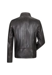 Braune Lederjacke mit hohem Kragen, hinteren Nähten und glatter Textur. Sie verfügt über ein tailliertes Design und minimale Nähdetails.