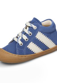 Modré semišové tenisky s texturovanými krémovými akcenty a gumovou podrážkou. Obsahují bílé šnúrky a cik-cak vzor po stranách. Zaoblená špička.