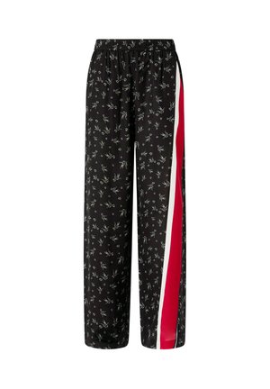 Pantaloni neri con motivo floreale, dotati di un elastico in vita e design a gamba larga, caratterizzati da un dettaglio con striscia laterale rossa e bianca.