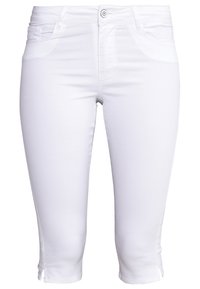Pantalon blanc slim longueur genou avec bouton devant, fermeture éclair, poches avant et arrière, et petites fentes latérales à l'ourlet.
