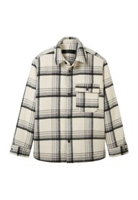Cămașă din flanel de culoare crem cu un model în carouri negre. Are un front cu nasturi, guler și un buzunar pe piept. Textură moale și croială lejeră.