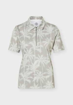 Īsām piedurknēm polo krekls ar gaiši pelēku palmas koku rakstu, apkakli un pusriteni priekšpusē uz baltas pamatnes.