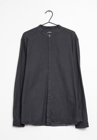Langsleeve shirt in antracietgrijs, met een kraagloos ontwerp, gestructureerde stof, voorkant met knoopsluiting en contrasterende schouderaccenten.