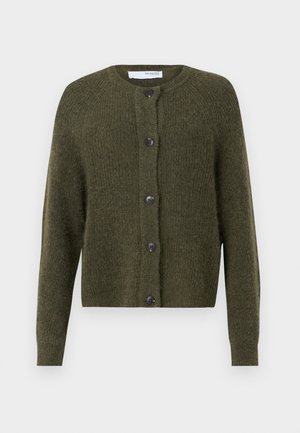 Olive green cardigan made of textured knit fabric, featuring a round neckline, long sleeves, and six dark button closures down the front.