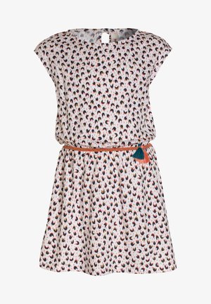 Kurzes Spitzenkleid aus leichtem Stoff mit buntem abstraktem Muster. Verfügt über eine taillierte Taille mit einem geflochtenen Gürtel und dekorativen Quasten.