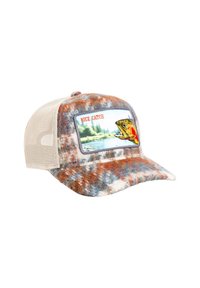 Trucker cap featuring a felted blend of orange, blue, and white, with a rectangular patch displaying a fish and "NICE CATCH" text.