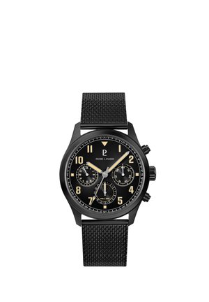 Schwarze Armbanduhr mit Mesh-Armband, rundes Zifferblatt zeigt die Uhrzeit 1:10, drei Nebenanzeigen für 24 Stunden, Datum und Tag, beschriftet mit "Pierre Lannier."