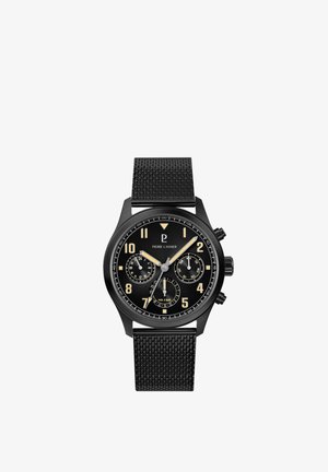 Reloj de pulsera negro con correa de malla, esfera redonda que muestra la hora 1:10, tres subesferas para 24 horas, fecha y día, etiquetado "Pierre Lannier."