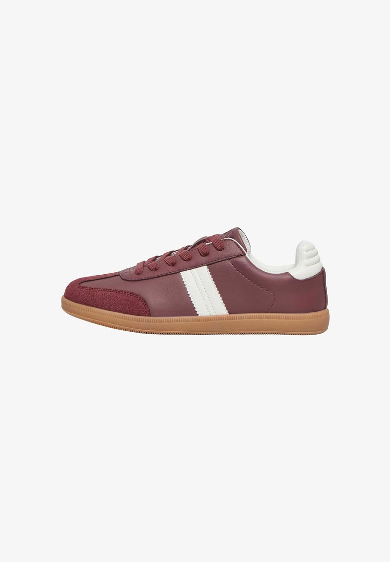 Maroon leather sneaker with white stripes, rubber sole, and textured toe cap. Features round laces and a cushioned heel.