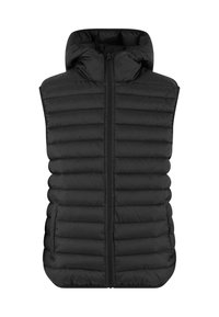 Čierna puffová vesta s prešívaným dizajnom, so zipsovým uzáverom a vypchávkou na kapucni. Obsahuje horizontálne švy a bezšvové strany pre elegantný vzhľad.