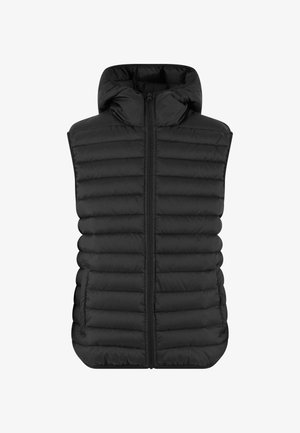 Black puffer vest with a quilted design, zip closure, and a padded hood. Features horizontal stitching and seamless sides for a streamlined look.