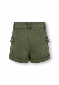 Olivgrön cargo-shorts med hög midja, med två sidfickor och sydda detaljer, tillverkade i ett slitstarkt bomullsmaterial.