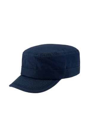 Casquette militaire bleu foncé avec dessus plat et visière courte incurvée, en tissu texturé avec coutures visibles.