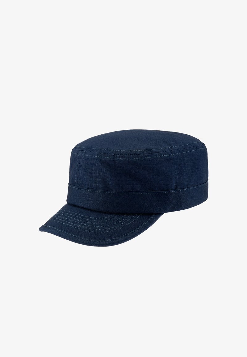 Casquette militaire bleu foncé avec dessus plat et visière courte incurvée, en tissu texturé avec coutures visibles.