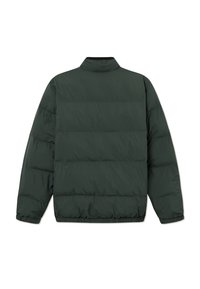 Dark green puffer jacket with horizontal quilted design, stand collar, elastic cuffs, and a cinched hem. Smooth, lightweight fabric.