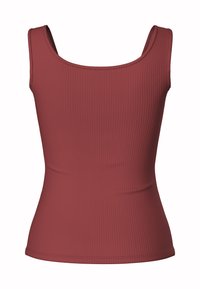 Ribbed tank top in terracotta with a fitted design, wide shoulder straps, scoop neckline, and a smooth texture.