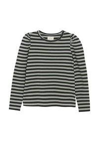 Långärmad topp med svarta och mintgröna horisontella ränder, mjukt bomullstyg, rundad halsringning och lätt puffdetalj på axlarna.