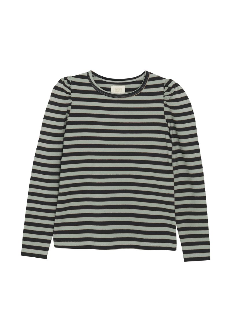 Långärmad topp med svarta och mintgröna horisontella ränder, mjukt bomullstyg, rundad halsringning och lätt puffdetalj på axlarna.