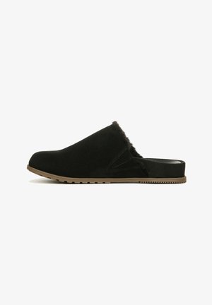 Black suede clog with a soft interior lining, featuring a round toe and a flat, textured sole. Side cutouts enhance breathability.