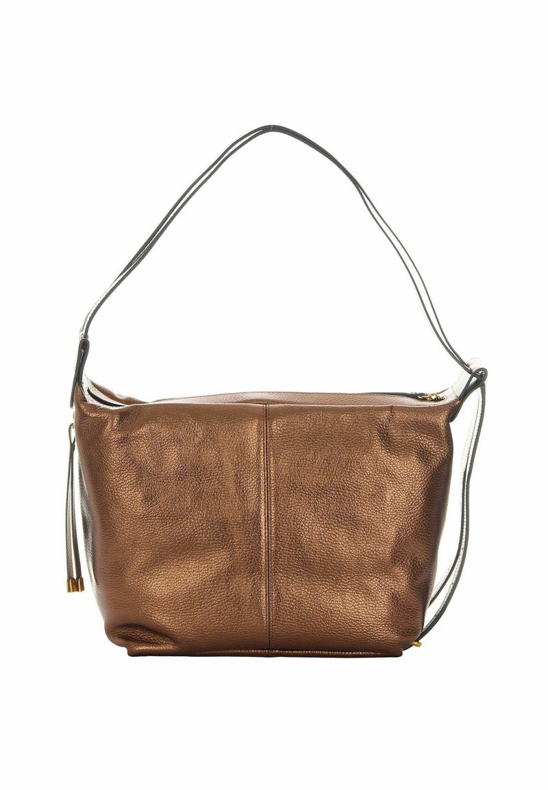 Borsa a spalla in pelle marrone con una finitura testurizzata, una sola tracolla regolabile e una chiusura con zip superiore. Presenta accenti dorati minimali.
