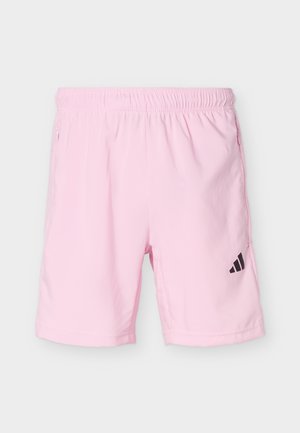 Αθλητικό σορτς ανοιχτό ροζ με ελαστική μέση και μαύρο λογότυπο Adidas στο δεξί πόδι, σε λευκό φόντο.