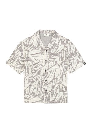 Korte mouwen, overhemdbloes met knopen in crème en grijs, met een bladpatroon. Gemaakt van textuurbare stof met een standaard kraag en zwarte knopen.