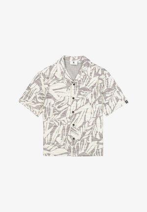 Korte mouwen, overhemdbloes met knopen in crème en grijs, met een bladpatroon. Gemaakt van textuurbare stof met een standaard kraag en zwarte knopen.