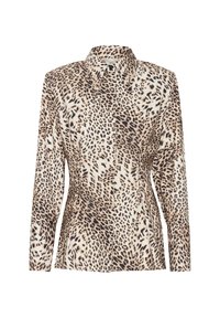 Košeľa s leopardím vzorom, zapínaná na gombíky, s golierom, dlhými rukávmi a priliehavým strihom. Vyrobená z ľahkej, hladkej tkaniny.