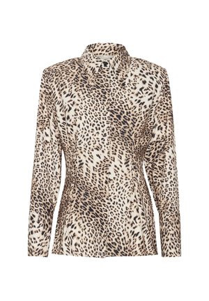 Košile s leopardím vzorem na knoflíky, s límečkem, dlouhými rukávy a přiléhavým střihem. Vyrobena z lehkého a hladkého materiálu.