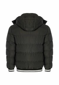 Chaqueta inflable de color verde oscuro con capucha desmontable, puños acanalados y dobladillo. Presenta costuras horizontales y una textura exterior suave.