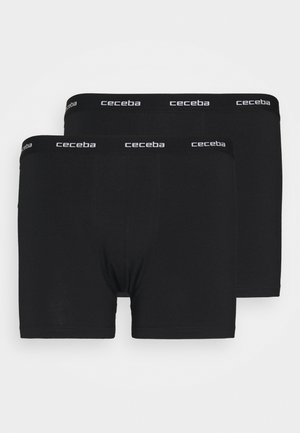 Black cotton boxer shorts in a two-pack, featuring a smooth texture, mid-length design, and elastic waistband with "ceceba" branding.