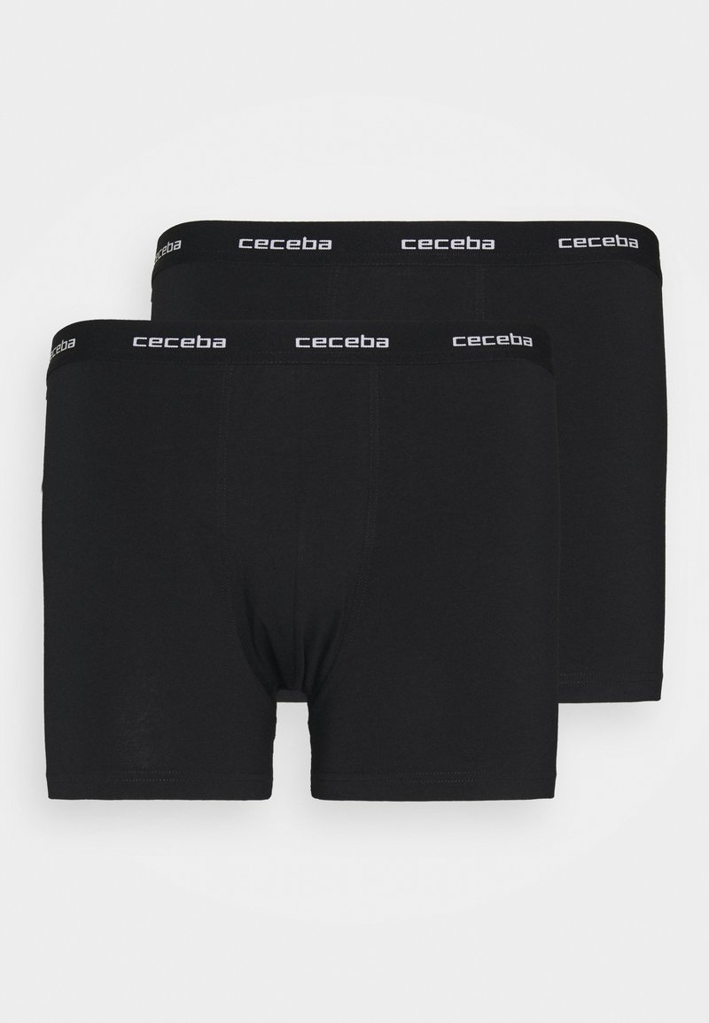 Black cotton boxer shorts in a two-pack, featuring a smooth texture, mid-length design, and elastic waistband with "ceceba" branding.
