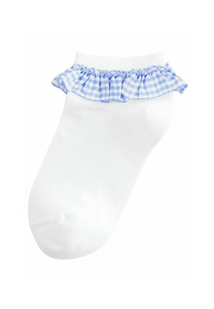 Balts zeķes ar zilu ģeometriskas formas volānveida malu. Ķermenis ir gluds ar bezšuvju purngalu, tam ir maiga tekstūra un viegla konstrukcija.