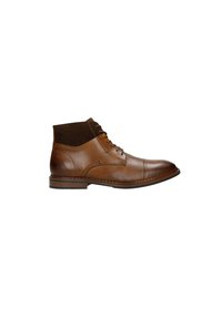 Hnědá kožená kotníková bota s semišovými detaily, šněrováním a kulatou špičkou. Obsahuje prošívaný design a nízký podpatek pro stabilitu.