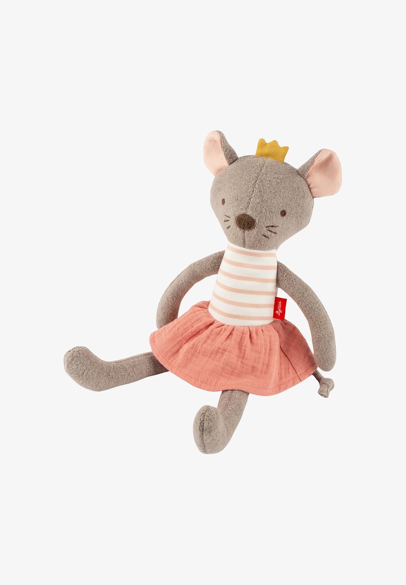 Soft plush mouse toy with gray fabric, pink ears, striped top, and a coral skirt. Features a crown accent on the head and a red tag.
