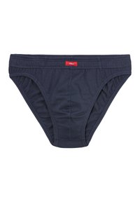 Marineblaue Baumwollunterhose mit elastischem Bund und rotem Logoschild. Sie zeichnet sich durch eine glatte Textur und gebogene Beinausschnitte für zusätzlichen Komfort aus.