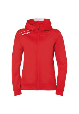 Rote Kapuzenjacke mit durchgehendem Reißverschluss und langen Ärmeln, weißes "Kempa"-Logo auf der rechten Schulter und einem weißen Streifen innen an der Kapuze.