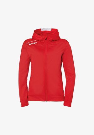 Rood jack met capuchon, volledige ritssluiting en lange mouwen, wit "Kempa"-logo op de rechterschouder en een witte streep binnenin de kap.