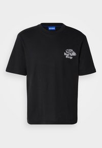 Black cotton t-shirt with a crew neckline. Features a small white graphic of a car and text "Hugo Garage" on the left chest. Short sleeves.