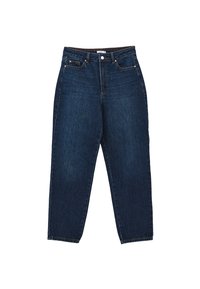 Vaqueros de mezclilla azul oscuro con corte recto, que cuentan con bolsillos frontales, trabillas para el cinturón y cierre de cremallera, mostrando costuras visibles.