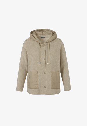 Beige hooded jacket with a soft wool-like texture, featuring two front pockets, button closure, and contrasting fabric on pockets.