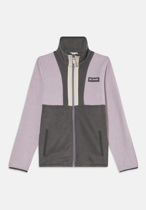 Fleece jacket in lavender and dark gray, featuring a high collar, full zip, and side pockets; smooth texture with color-block design.