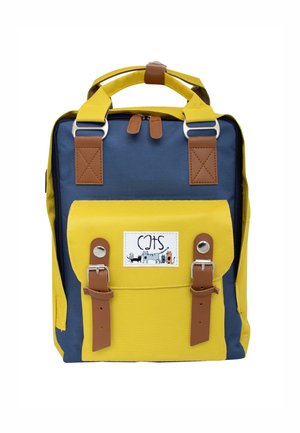 Colorful two-tone backpack featuring yellow and navy fabric, leather accents, flat straps, and a front pocket with a pet-themed label.