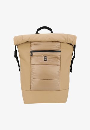 Zaino beige con design a roll-top, dotato di tasca frontale con zip, texture in nylon imbottito e spallacci regolabili.