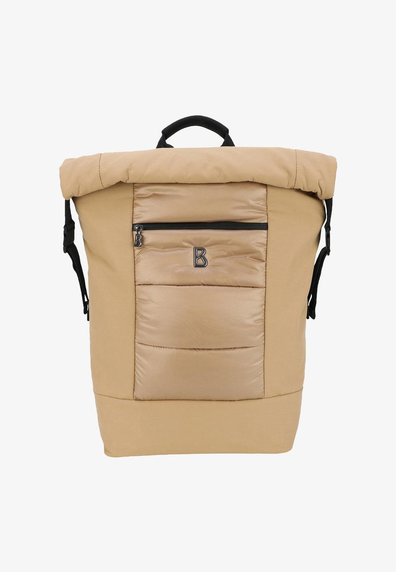 Bež nahrbtnik z valjastim zgornjim delom, ki vsebuje sprednji žep z zadrgo, oblazinjen najlon in nastavljive naramnice.