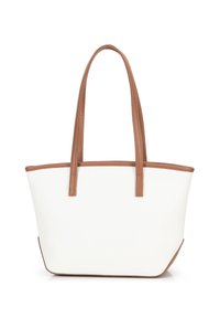 Witte totebag met bruine nep leren handvatten en afwerking, met een gestructureerde vorm en een gladde textuur. Geen zichtbare patronen of bevestigingsmiddelen.