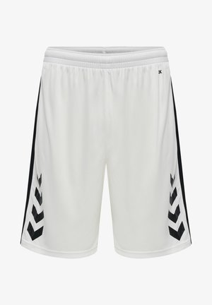 Hvide atletiske shorts med et sort sidepanel, der har et chevronmønster. Elastisk talje for komfort. Glat, letvægtsstof.