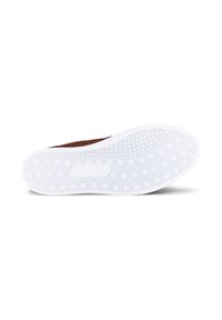 Semelle d'une chaussure marron avec une semelle extérieure en caoutchouc blanc présentant des motifs circulaires et le logo "ecco" au centre.
